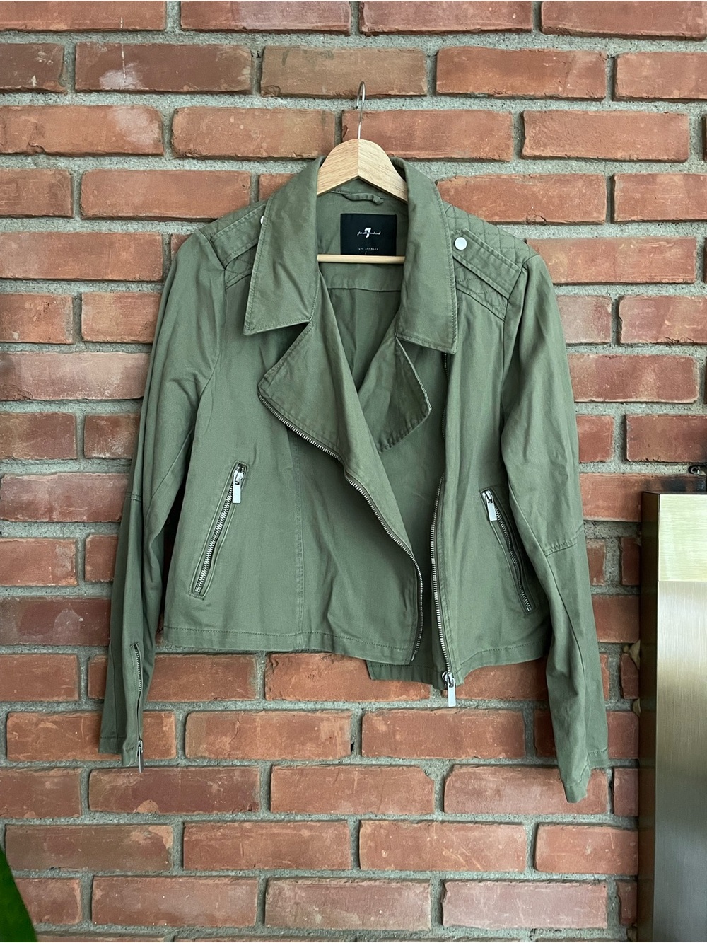 7 For All Mankind Olive Green Cotton Moto Jacket Women’s Large